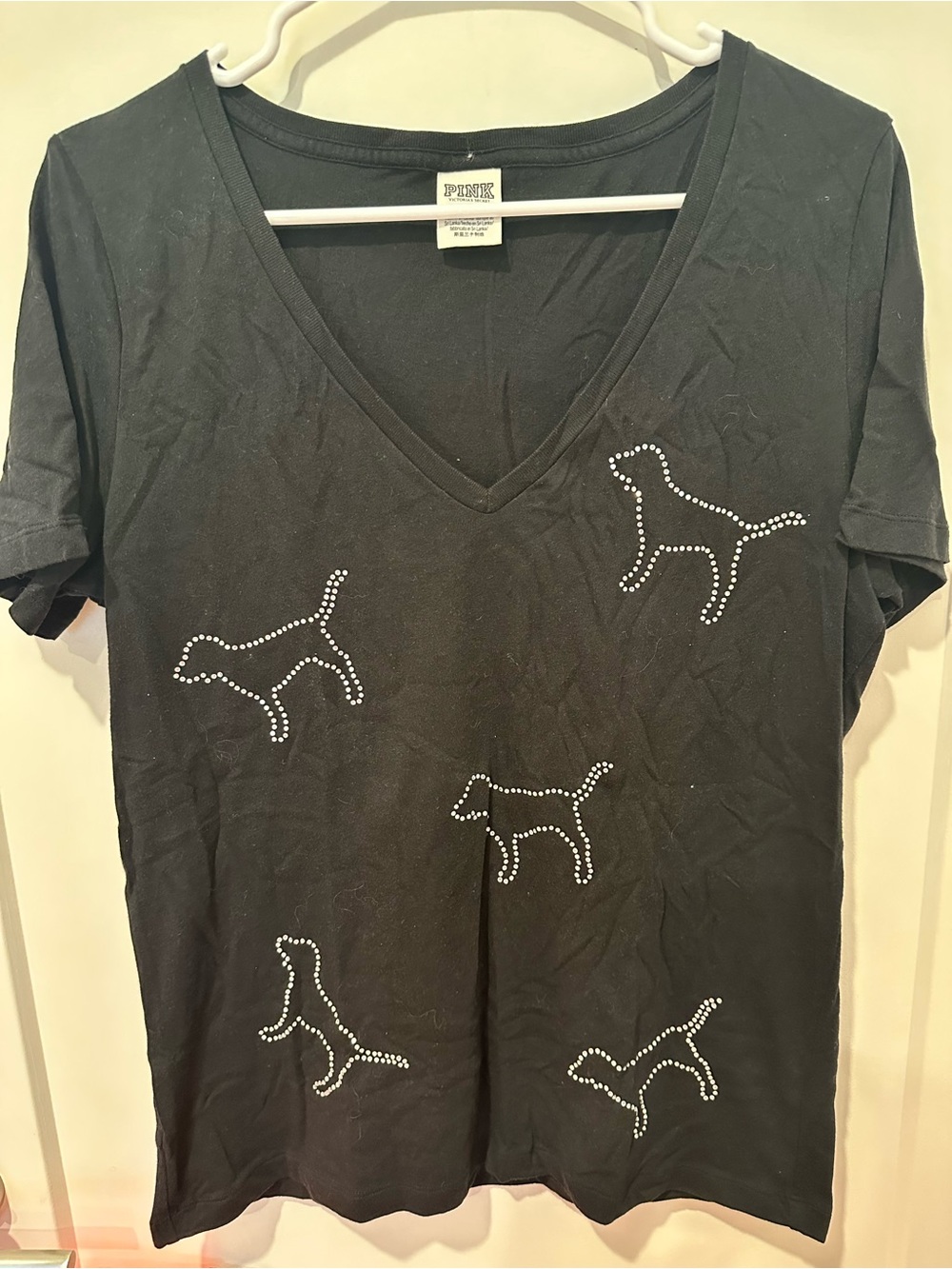 PINK Victoria's Secret Black V-Neck Tee with Rhinestone Dog Motifs